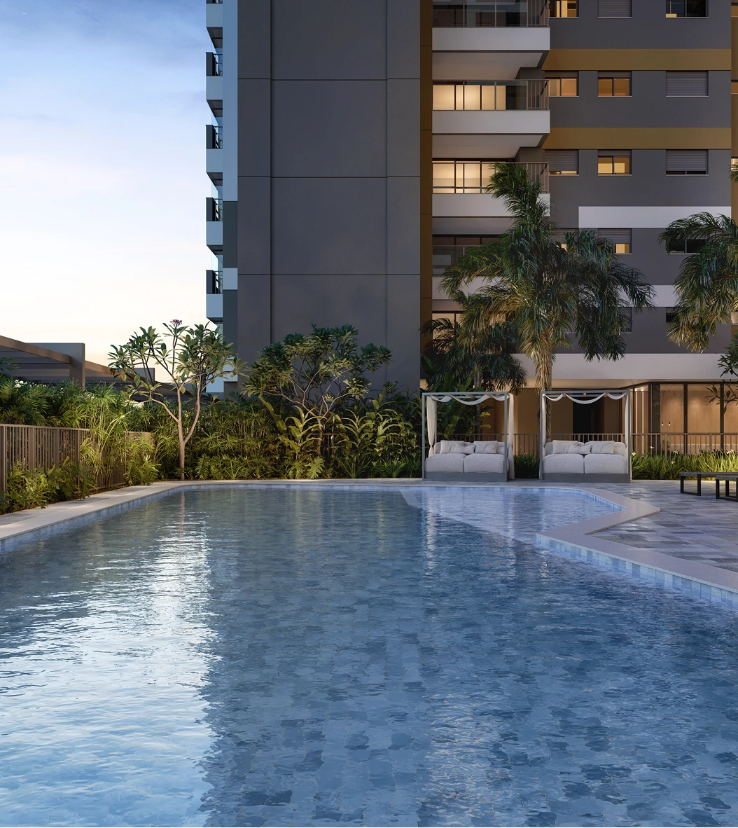 Área de lazer com piscina de um empreendimento Yticon